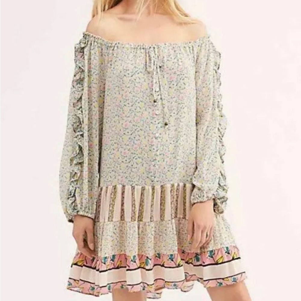 FREE PEOPLE Pink Foral Dress Mini Boho Small Flowers in Hair Babydoll Ruffles - Picture 3 of 16